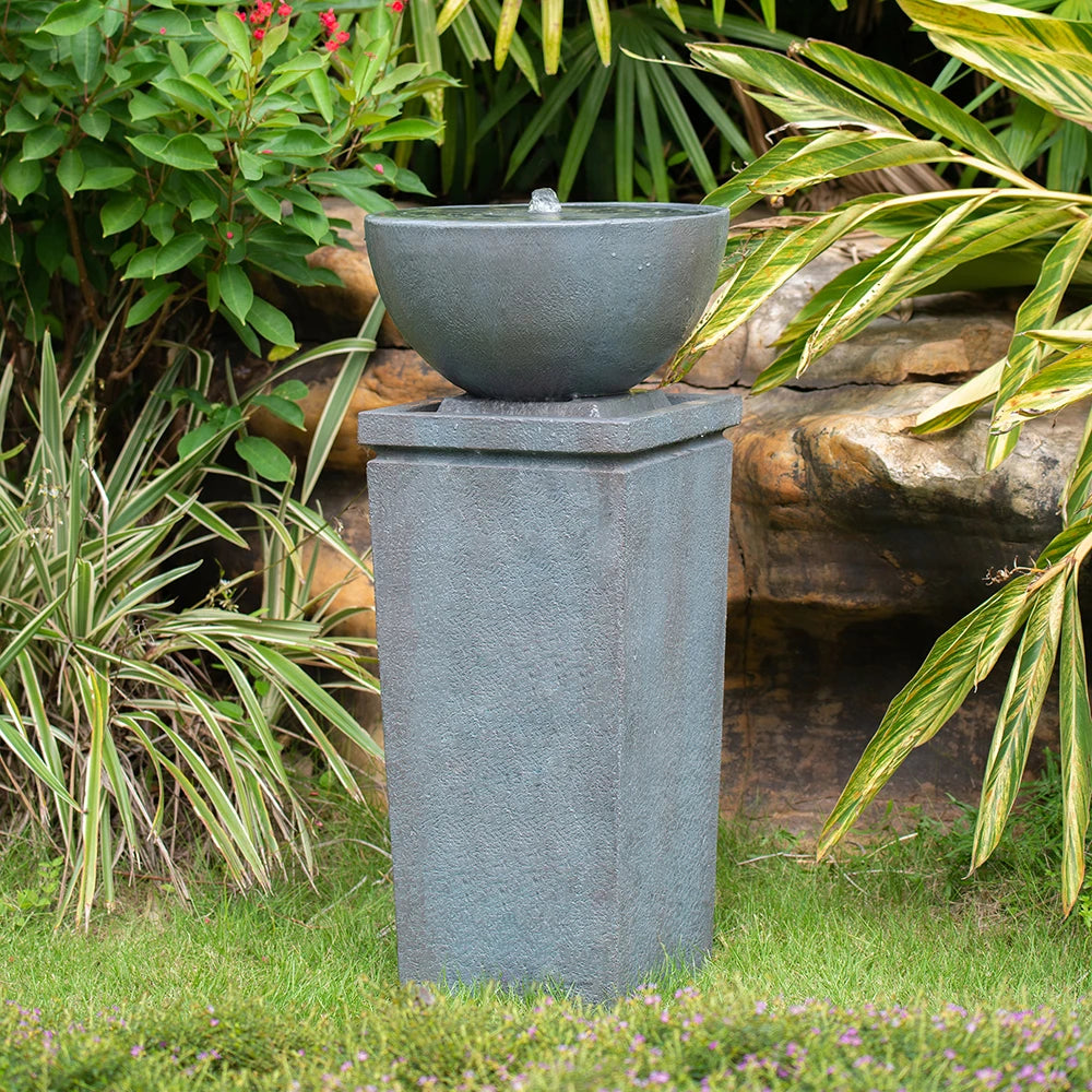 35.5" Polyresin Gray Zen Bowl Water Fountain, Outdoor Bird Feeder /Bath Fountains, Relaxing Water Feature for Garden Lawn