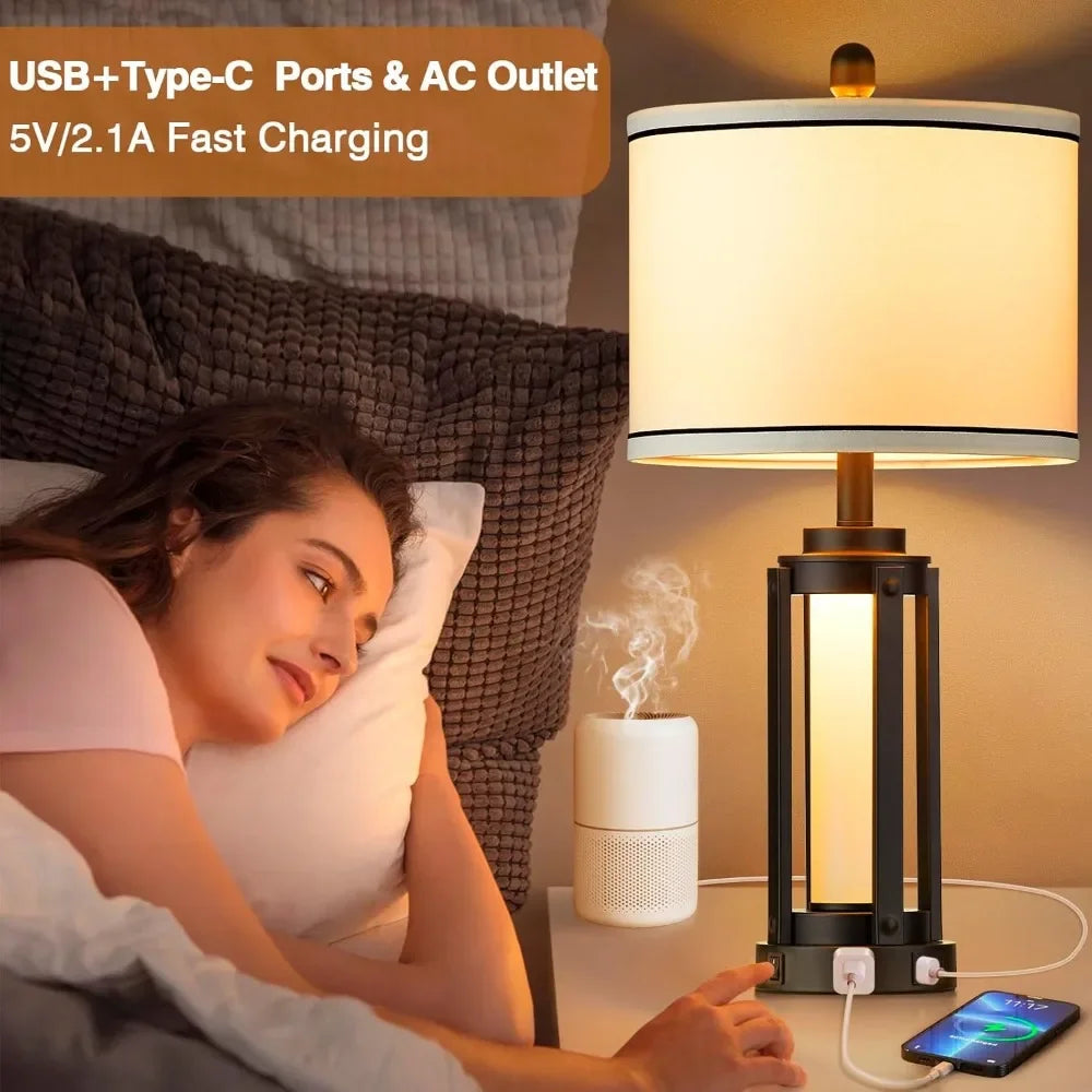 Customizable-25" Modern Table Lamps Set Of 2, Industrial Beside Lamps With USB A+C Charging Ports & AC Outlet, Nightstand Lamp W