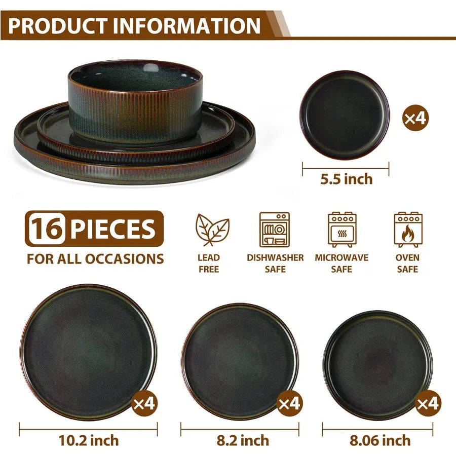 Dinnerware Sets with Pasta Bowls 16 Piece Plates and Bowls Set for 4 Ribbed Stoneware Dishes Set for Kitchen Dining Microwave a
