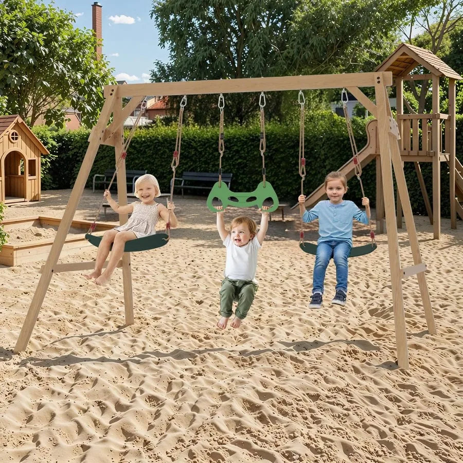 All-Spruce Wooden Swing Set – Backyard Playground with 2 Belt Swings & Trapeze
