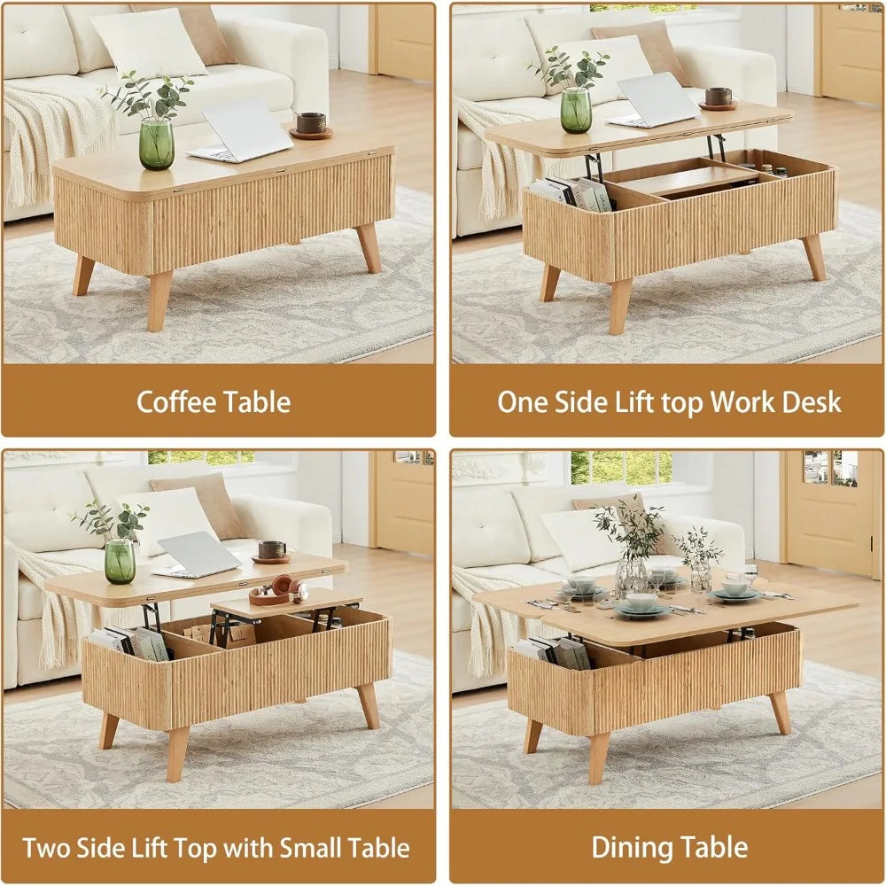 3 in 1 Lift Top Coffee Table, Fluted Convertible Coffee Tables Converts to Dining Tables, Modern Oval Wooden Center Table with S