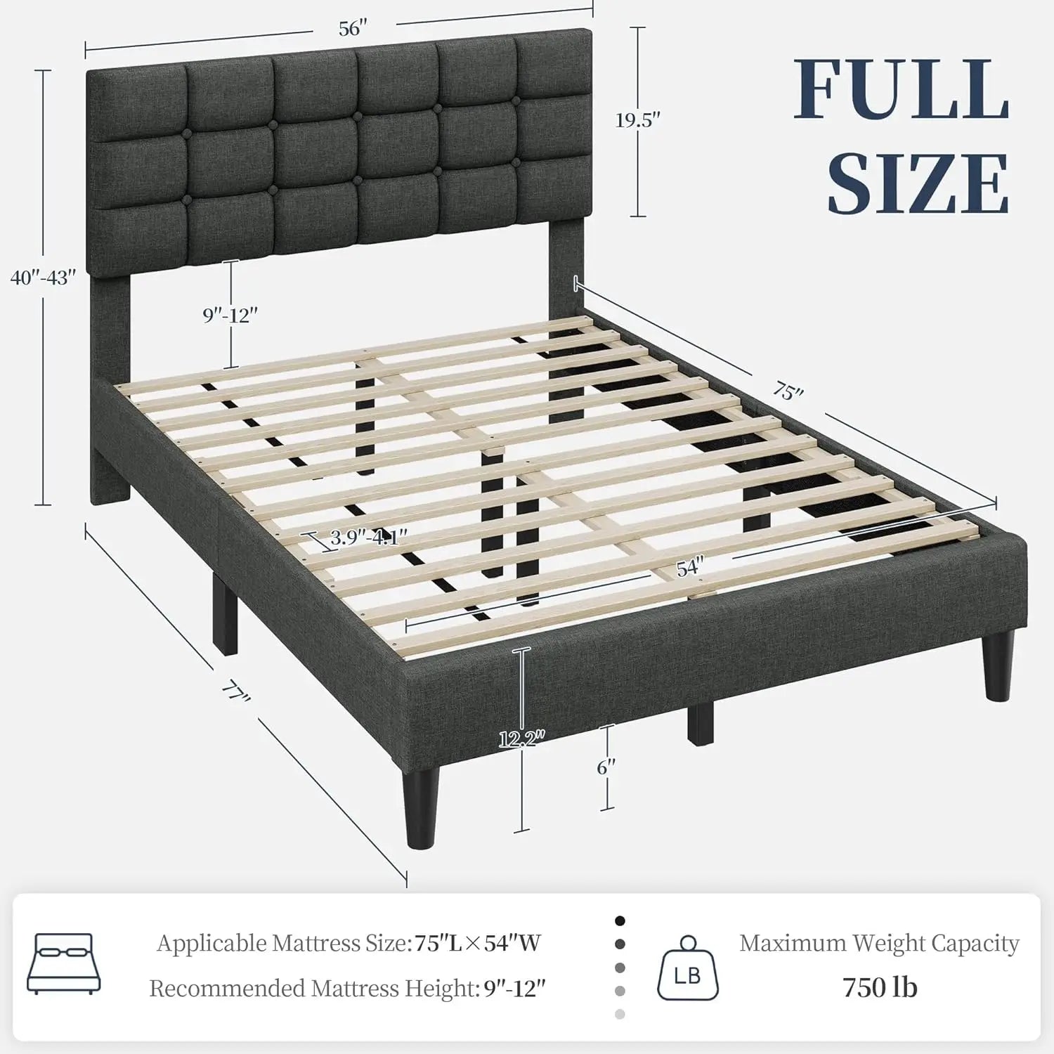 Modern Full Size Upholstered Platform Bed Frame – Square-Stitched Button Tufted Headboard