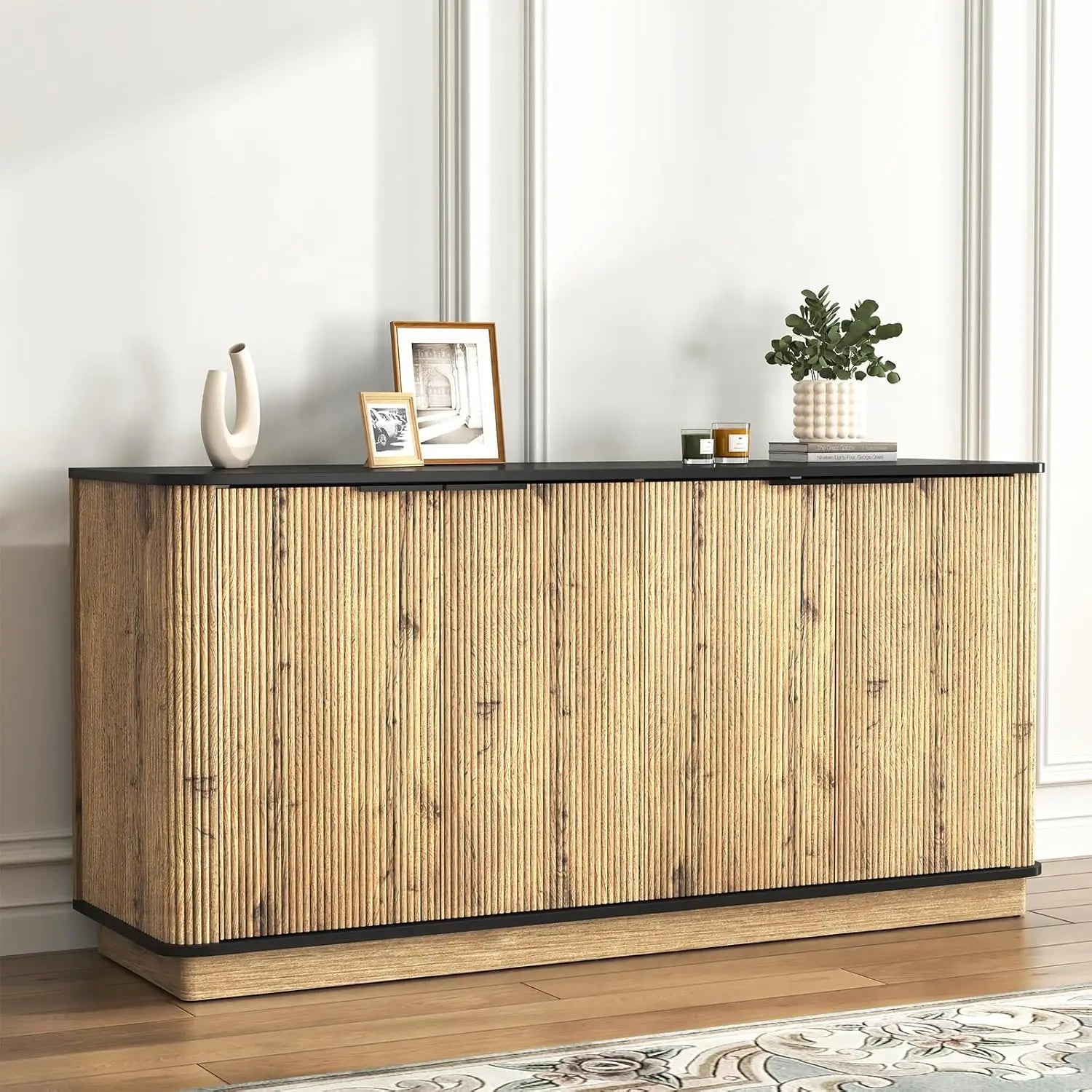 Sideboard Buffet Cabinet with Storage,59'' Walnut Fluted Kitchen Storage Buffet Cabinet with 4 Doors,TV Stand Accent Sideboard