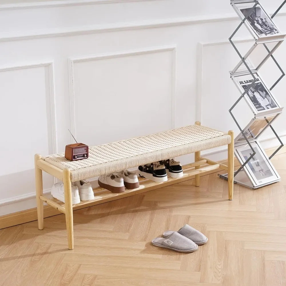 Solid Wood Entryway Bench – Rustic Oak Shoe Storage with Woven Design