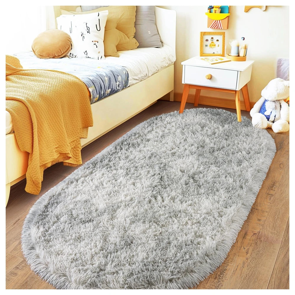 Tie Dye Light Gray Carpet Oval Fluffy Plush Bedside Mat Children's Bedroom Moisture-Proof Mat Living Room Home Decoration Rugs