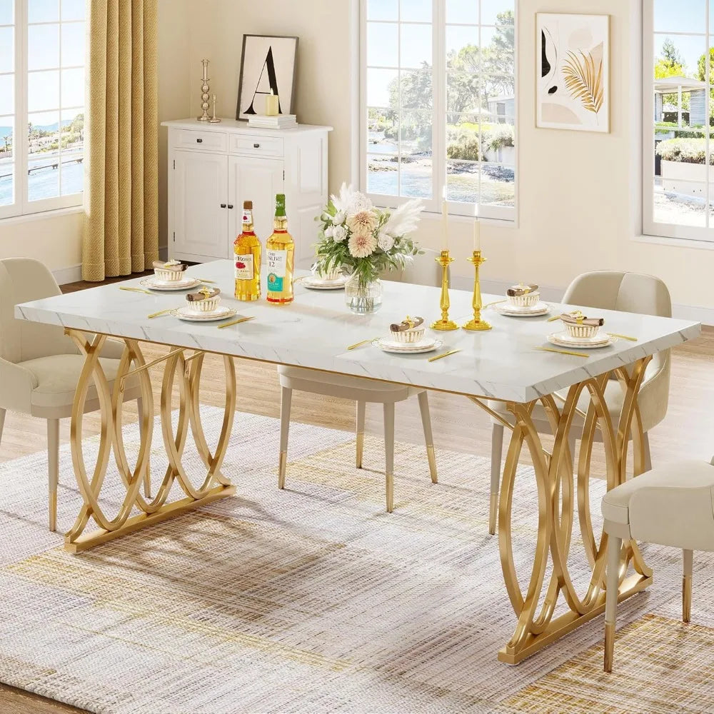 Modern Faux Marble Dining Table – 63” Rectangular Kitchen Table with Gold Geometric Legs for 4–6 People