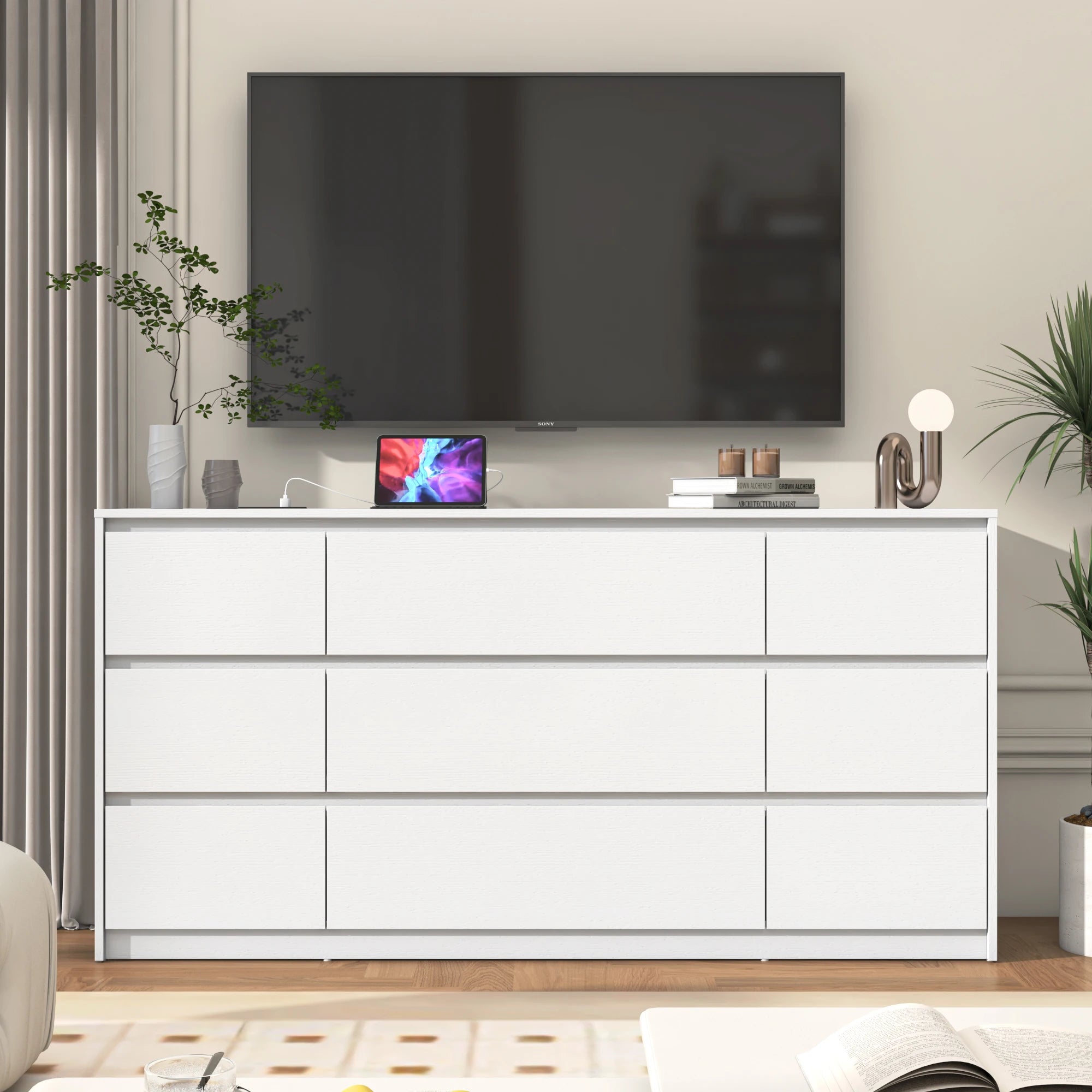 9 Drawer Dresser for Bedroom, 63" Modern Large Wood Chest of Drawers with Charging Station Handle Free, Storage Organizer Closet