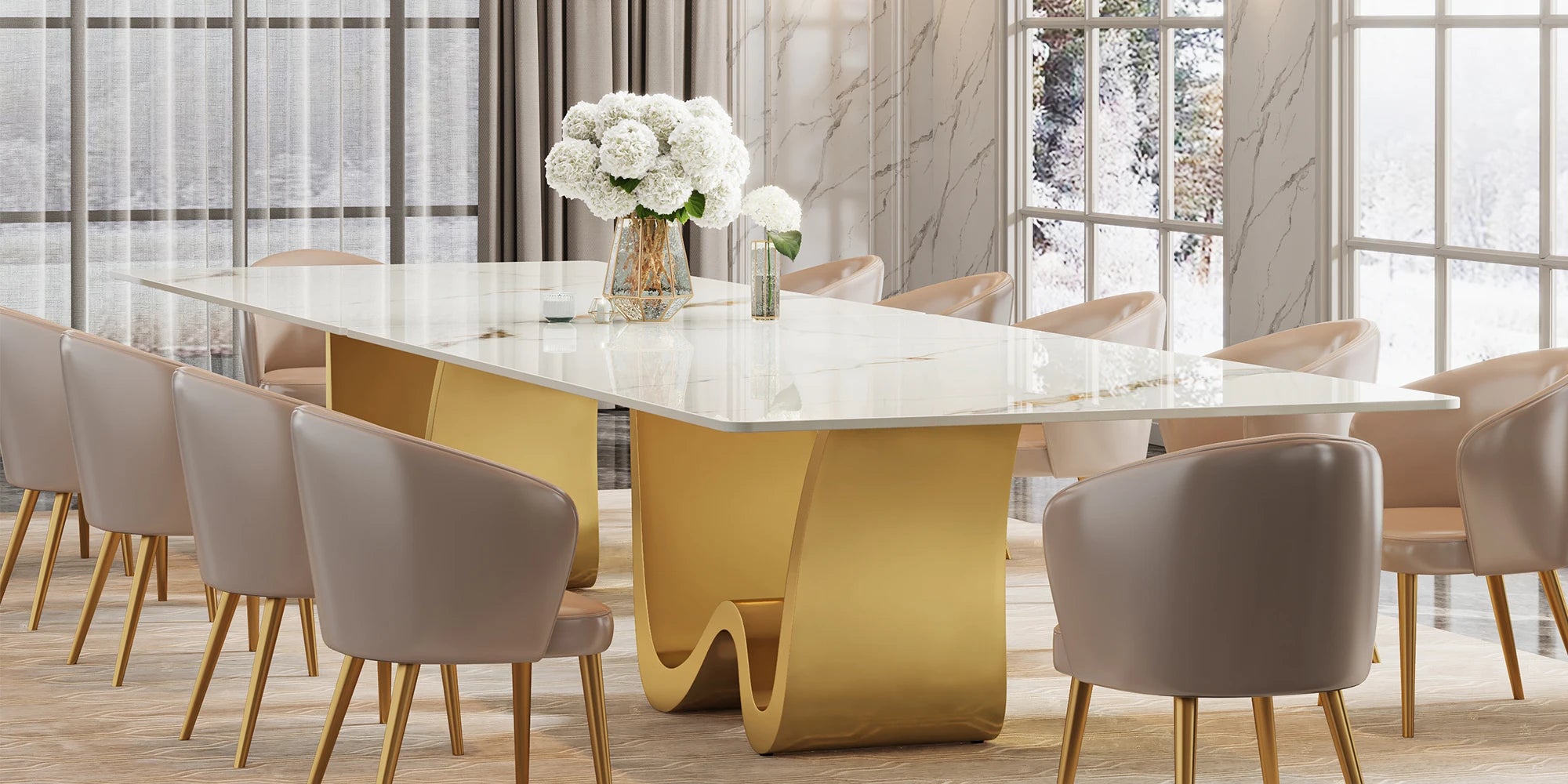 Tribesigns 78.74" Sintered Stone Dining Table for 6-8, Modern Rectangle Dining Table, Luxury White & Gold Kitchen Table
