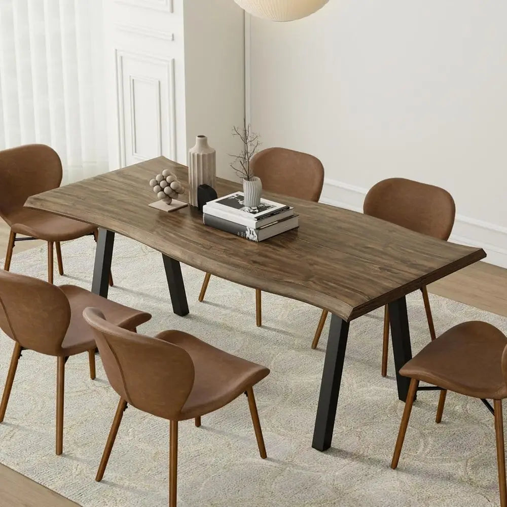 Rustic Rectangle Live Edge Dining Table, 70 L for 4-6, Modern Wood Kitchen Furniture, Metal Legs, Easy Assembly & Clean (Brown)