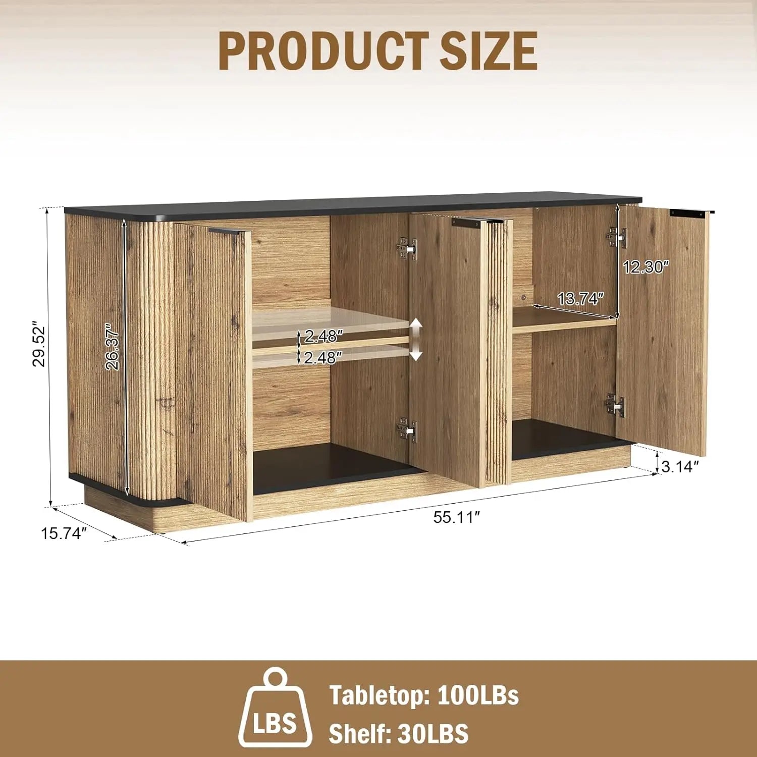 Sideboard Buffet Cabinet with Storage,59'' Walnut Fluted Kitchen Storage Buffet Cabinet with 4 Doors,TV Stand Accent Sideboard