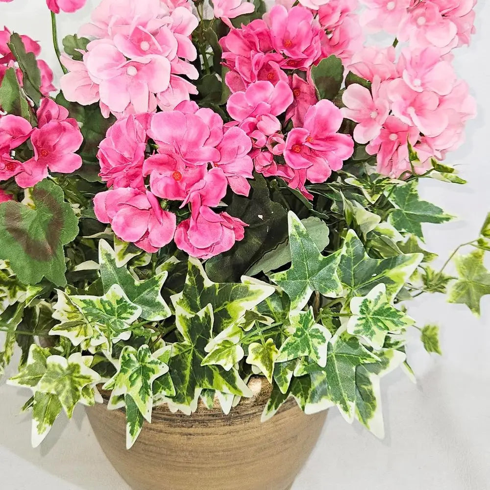 Pink Flowering Artificial Geranium Plant in Bronze Pot for Outdoor Porch and Patio Decor, Large Arrangement with Heavy Pot
