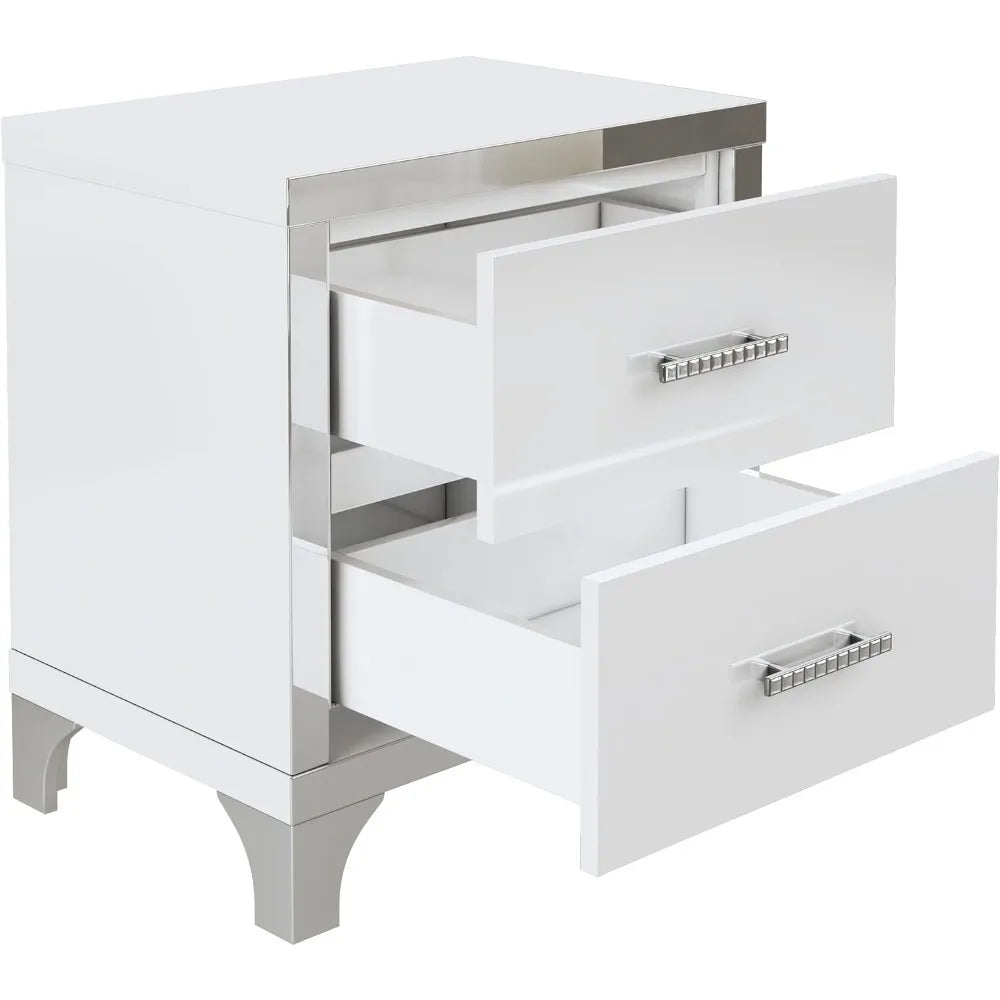 Elegant White High Gloss Nightstand with Two Drawers, Metal Handled Bedside Table for Bedroom and Living Room