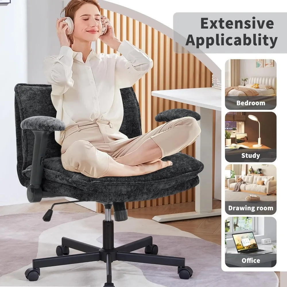 Cross Legged Office Chair with Wheels and Adjustable Flip-Arms, Criss Cross Chair with Thick Cushion, Wide Seat Office Chair