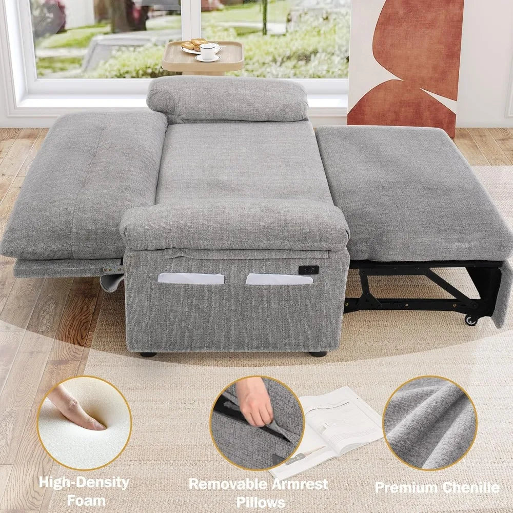 3 in 1 Convertible Sleeper Sofa Bed, Pull Out Couch Bed with USB Ports, Reclining Backrest, Side Pockets, Tool-Free Assembly