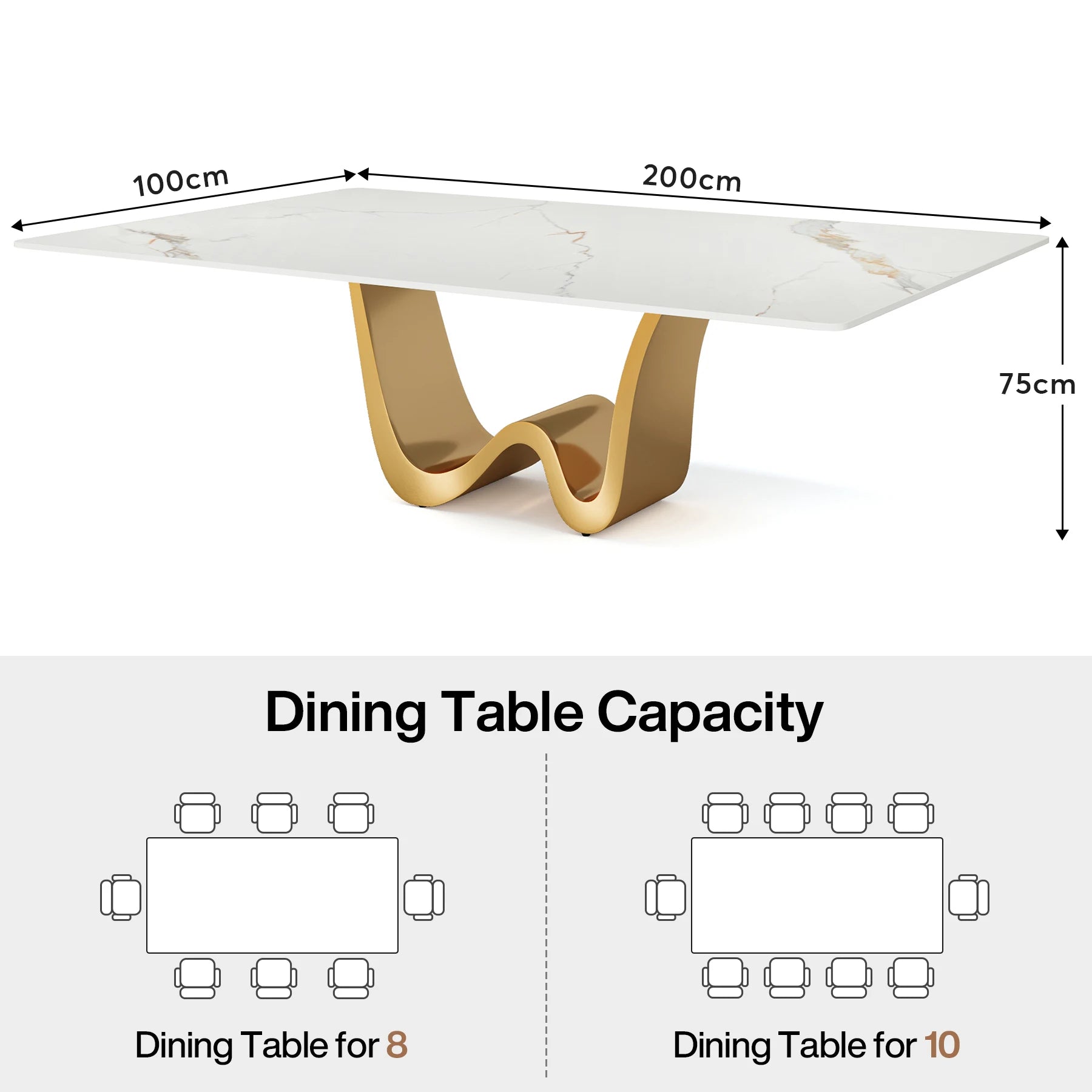 Tribesigns 78.74" Sintered Stone Dining Table for 6-8, Modern Rectangle Dining Table, Luxury White & Gold Kitchen Table