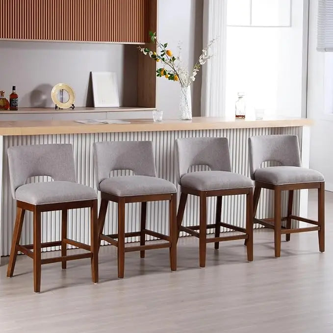 Farmhouse Counter-Height Bar Stools – Linen Upholstered with Open Back (Set of 4, Beige)