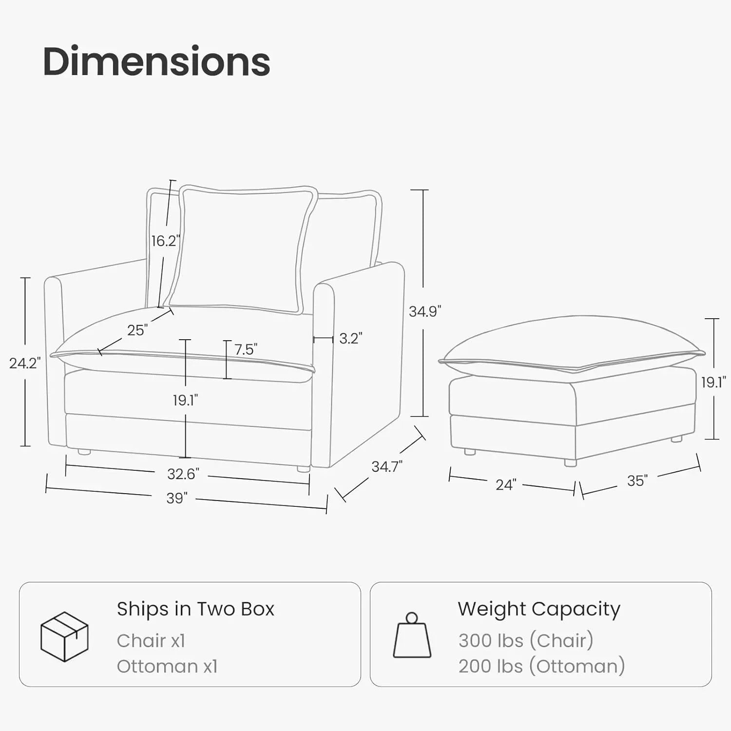 Chenille Oversized Accent Chair with Ottoman – 39″ Wide Lounge Reading Chair Set