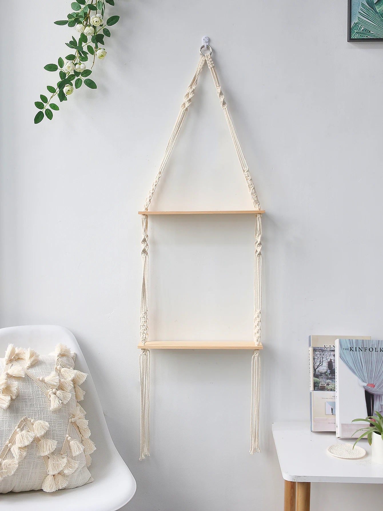 Wooden Wall Shelf Macrame Display Stand Boho Art Home Decoration Floating Shelf Nordic Wall Decor Living Room Nursery Aesthetics