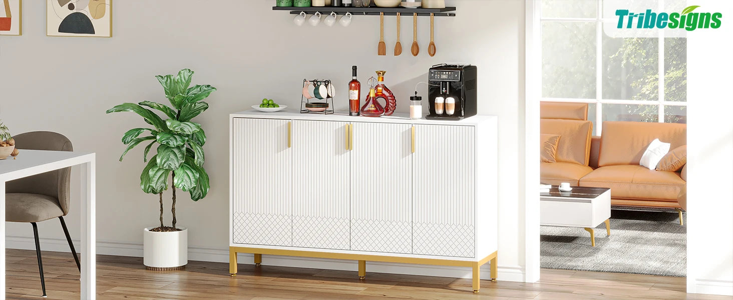 Tribesigns Modern Storage Cabinet, 59 Inch Console Cabinet Sideboard Buffet Cabinet with 4 Doors & Gold Metal Base