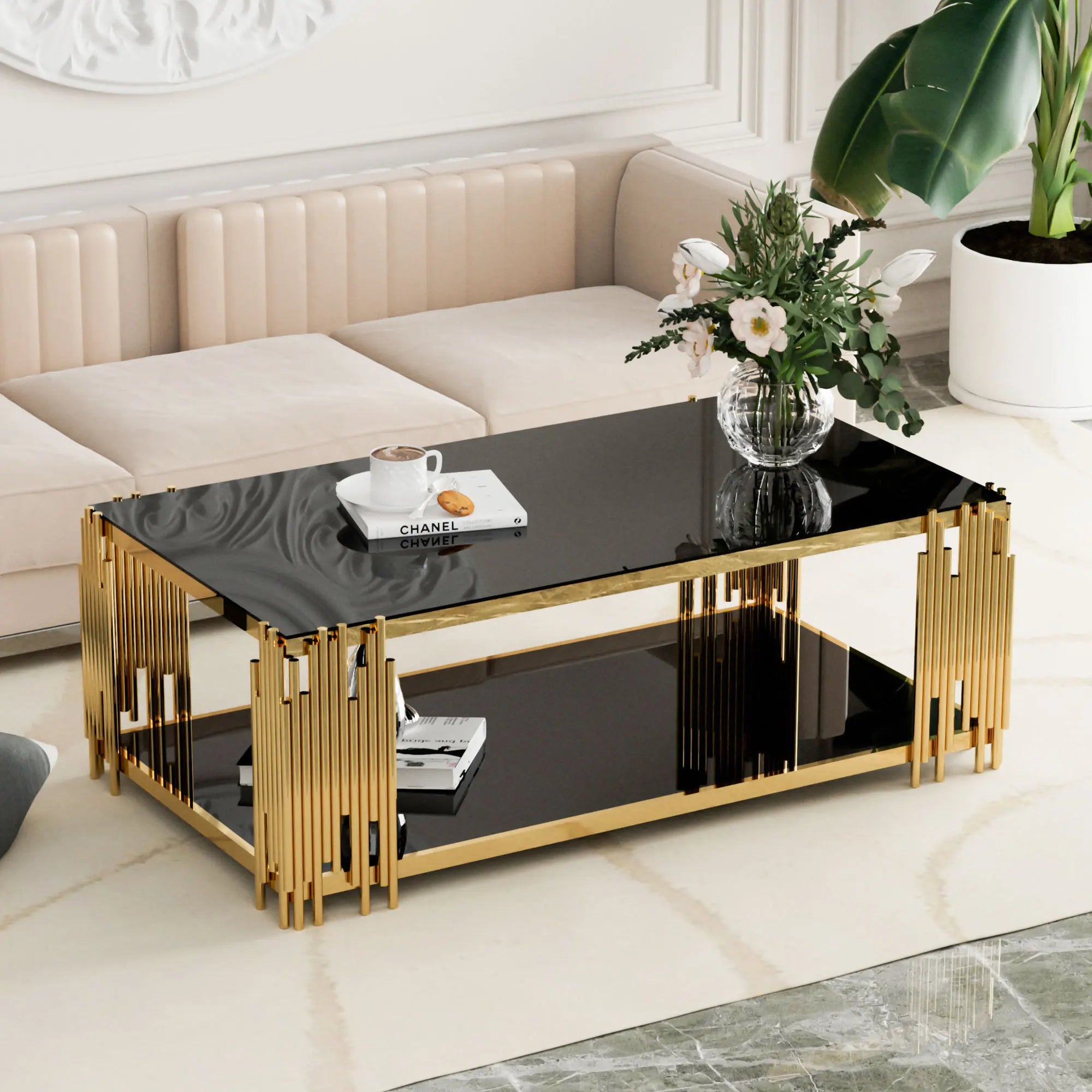 Stainless Steel Rectangular Glass Coffee Table – 51.18” Modern Center Table with Gold Legs