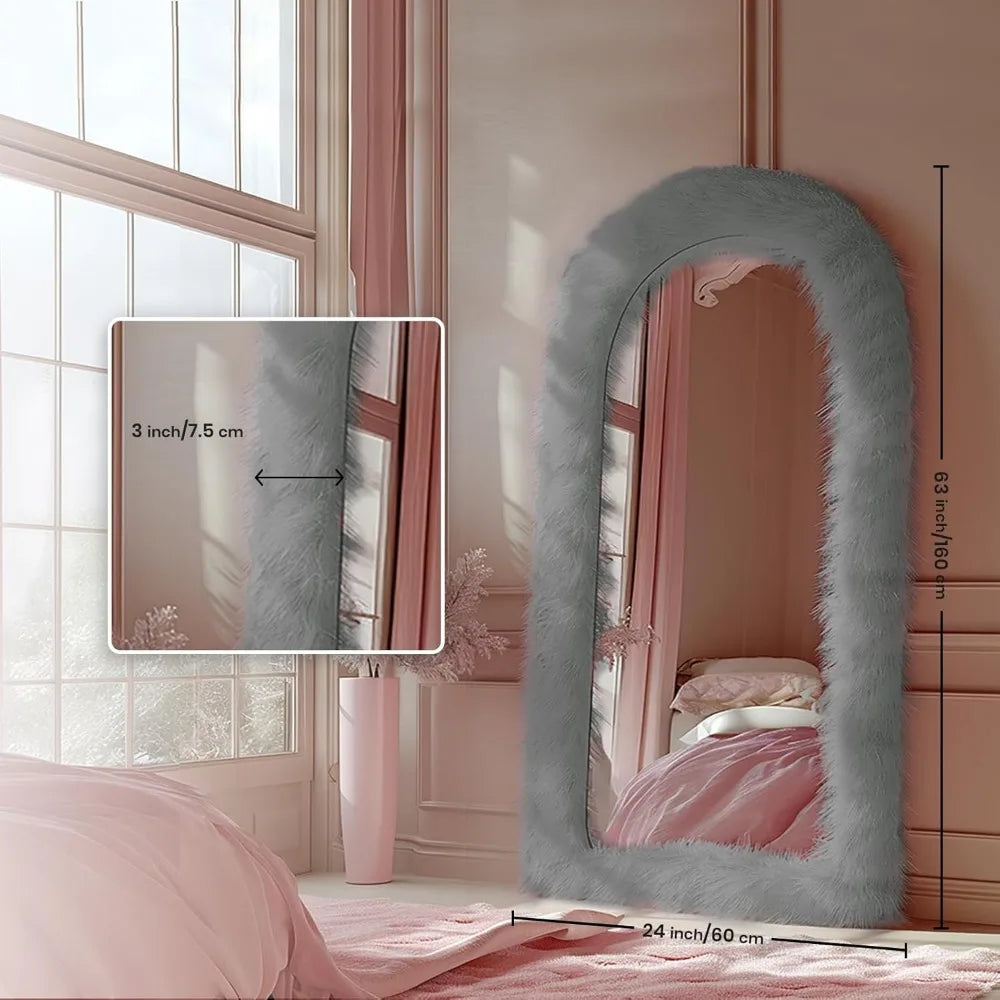 Free Standing Shaggy Faux Fur Framed Full Length Mirror for Bedroom, Wall Mount or Leaning Option