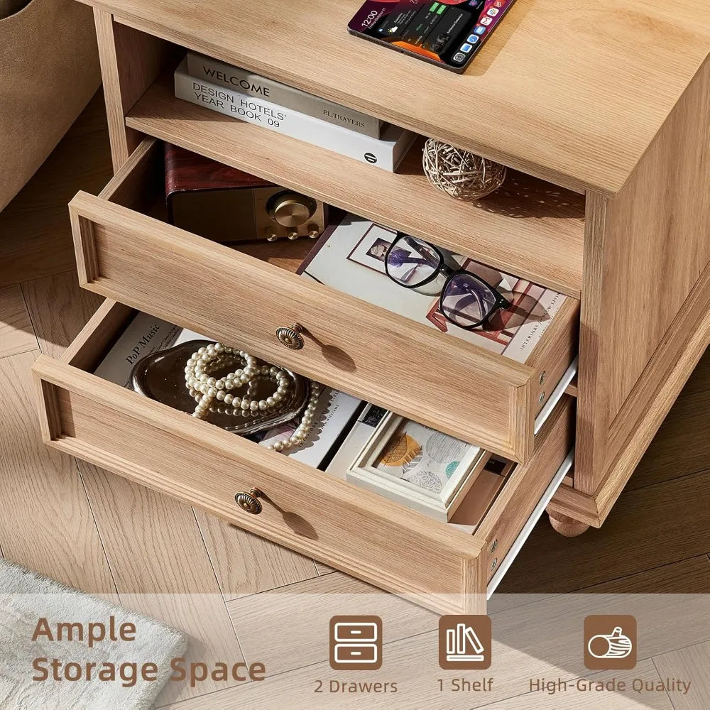 24" Wide Farmhouse Nightstand Set of 2 with Charging Station,End Table with 2 Drawers,Natural Wood Dresser for Bedroom Cabinet