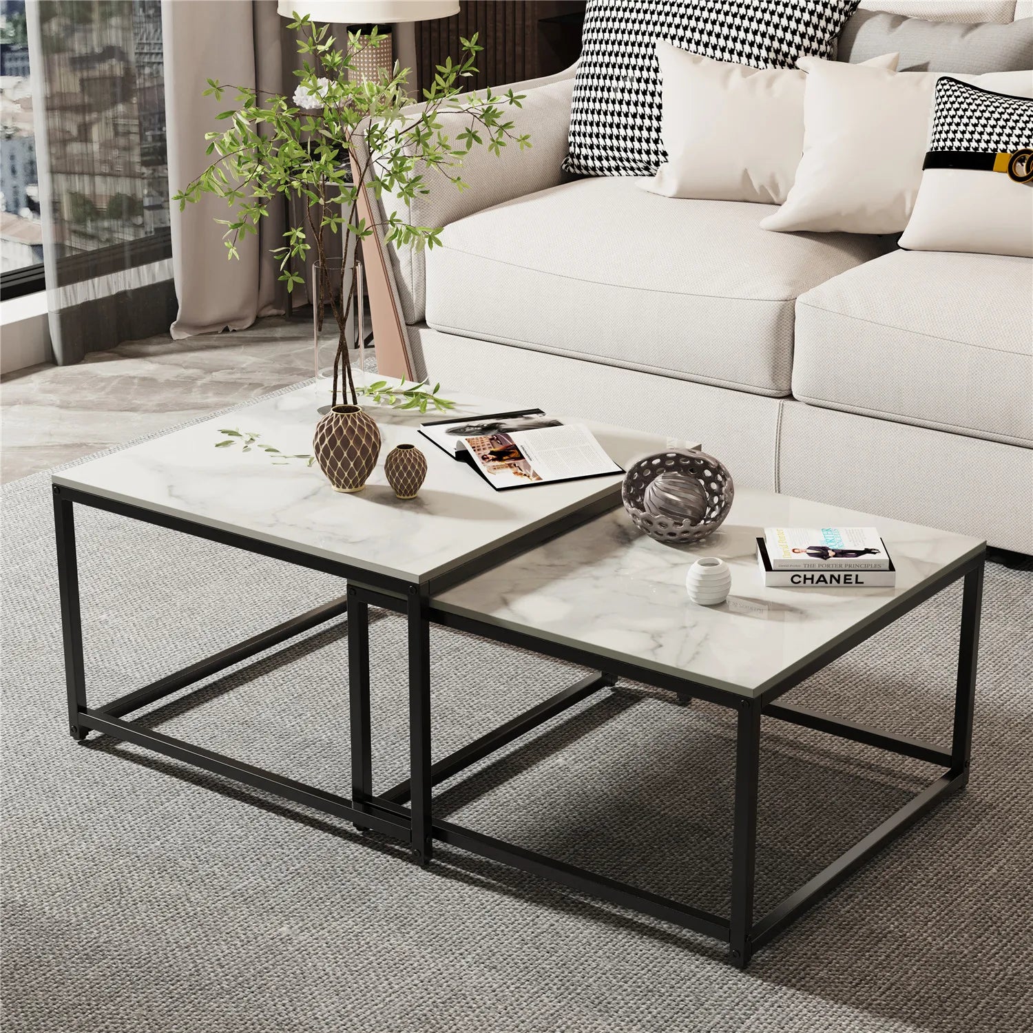 Modern Nesting Coffee Table Set of 2 – Square Marble Stackable Center Tables (White / Black)