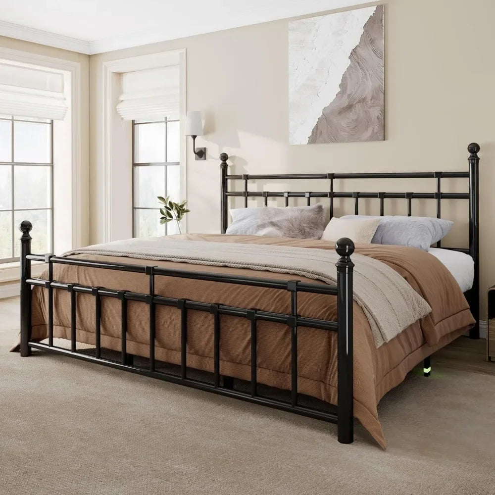 Metal Platform Bed Frame with Classic Wrought Iron Headboard & Footboard