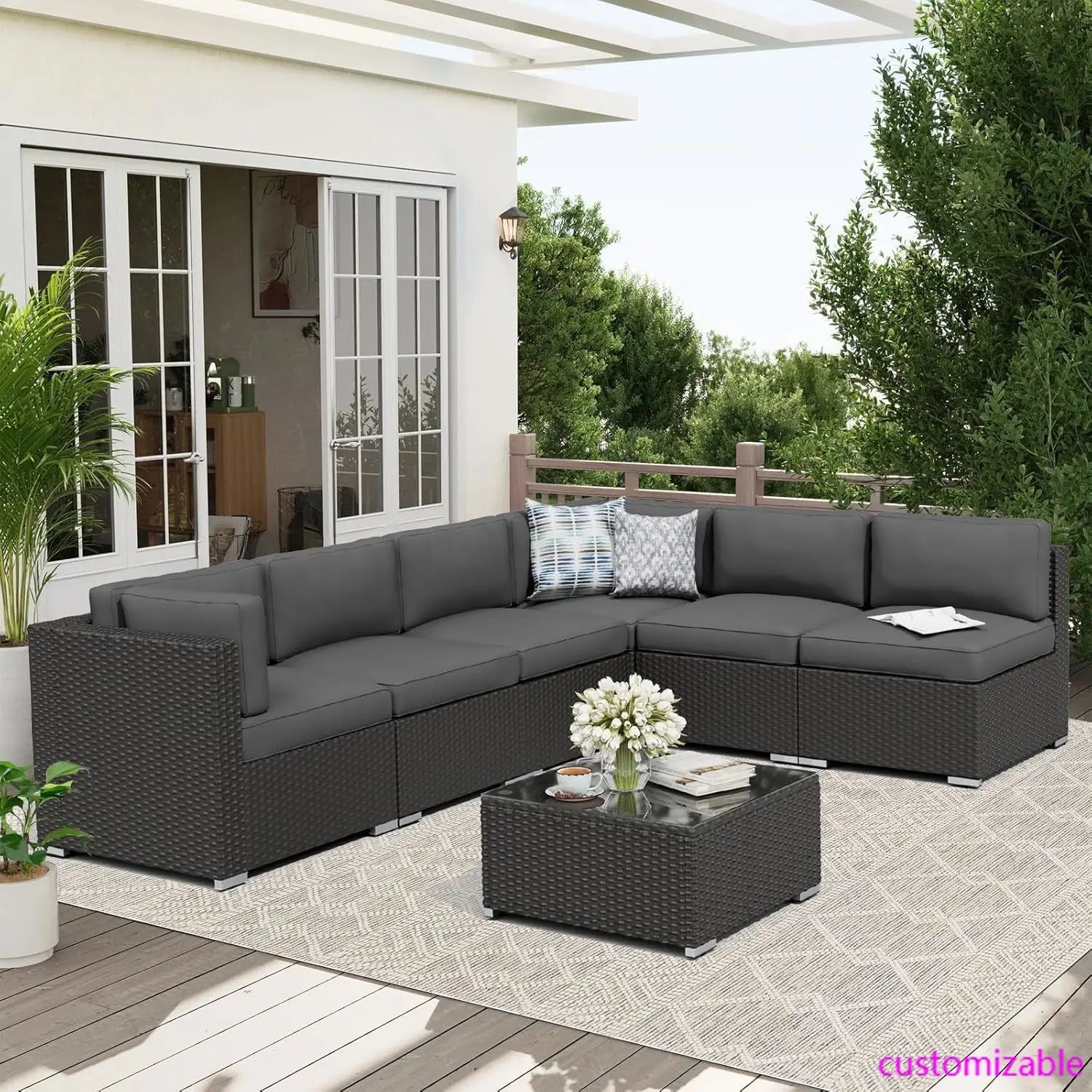 7-Piece Outdoor Black Rattan Wicker Sectional Conversation Sets Patio Furniture Sofa Set with Cushions and Glass Top Table(Grey)