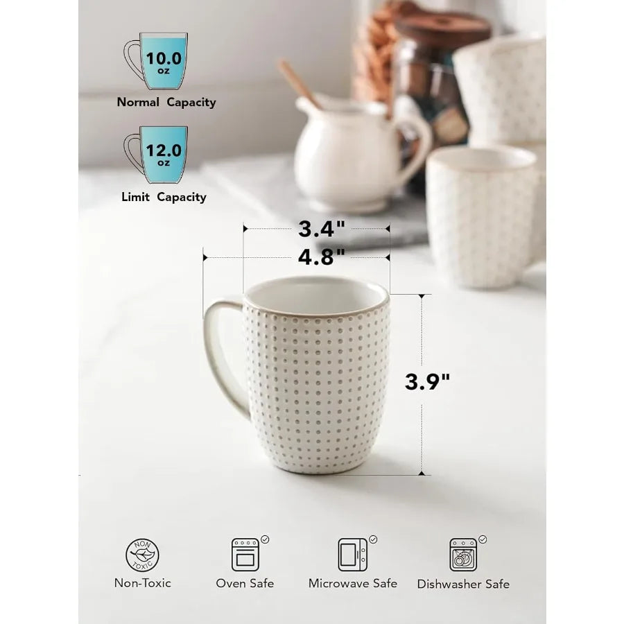 12 oz 10 oz Practical Ceramic Mug Set of 4 with Compact Embossment Design Ideal for Espresso Latte Tea Cocoa Cappuccino Mocha P