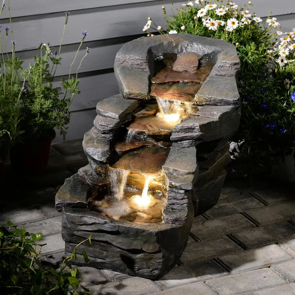 Outdoor Water Fountain 3-Tier Floor Standing Rainforest Rock River Natural Waterfall Fountains with LED Lights for Garden