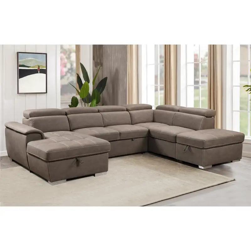 U-Shaped 128" Reversible Sectional Sofa Set with Ottoman, 7-Seater Modular Couch with Storage, Adjustable Headrest, Brown