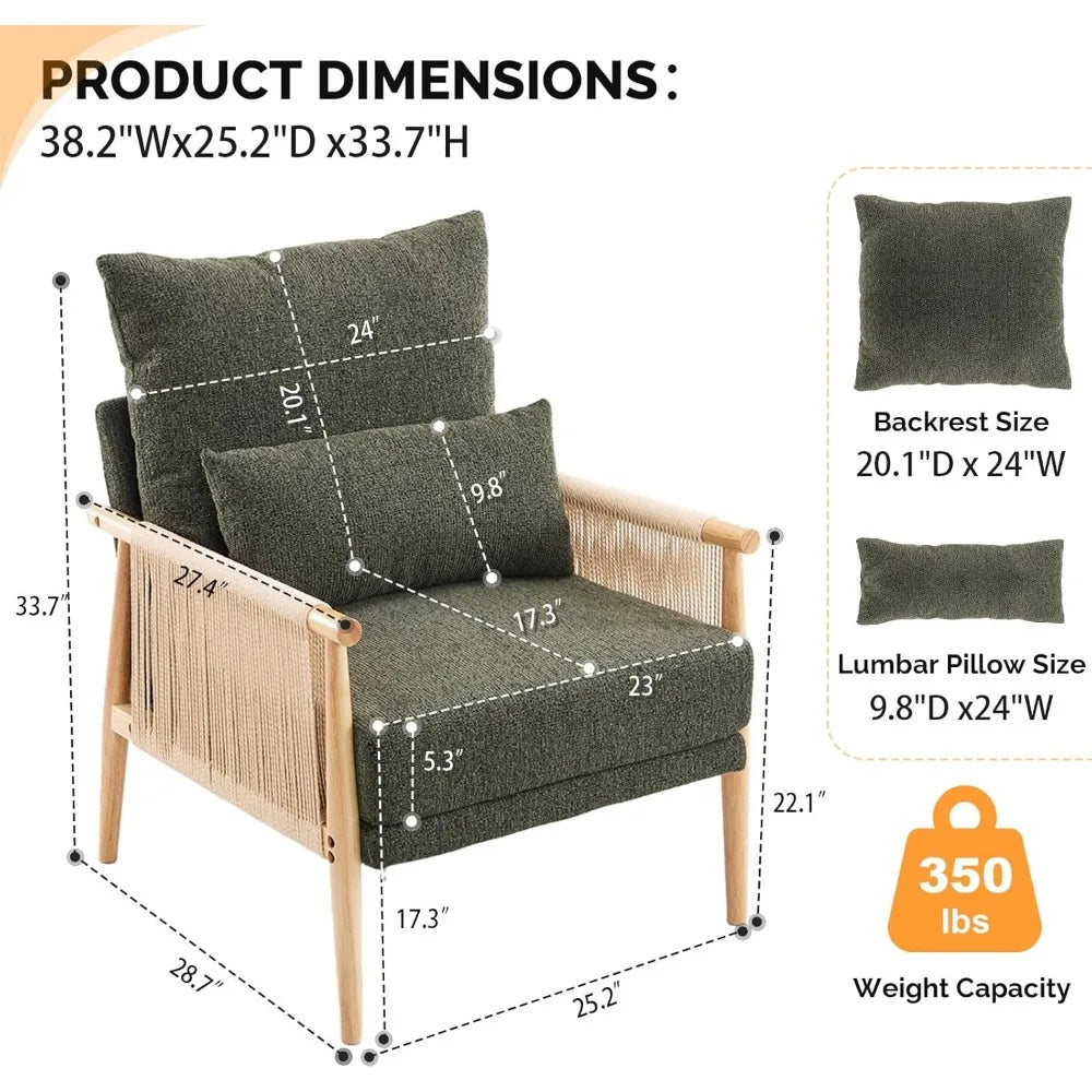 Boho Braid Accent Armchair – Mid-Century Modern Lounge Chair with Waist Pillow