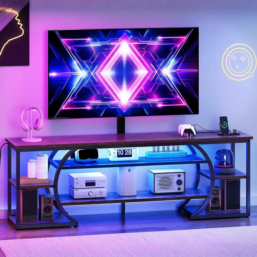 65-70 Inch TV Stand with Mount, Living Room LED TV Stands with Power Outlets, Entertainment Center, Wood TV Console Table, Rusti