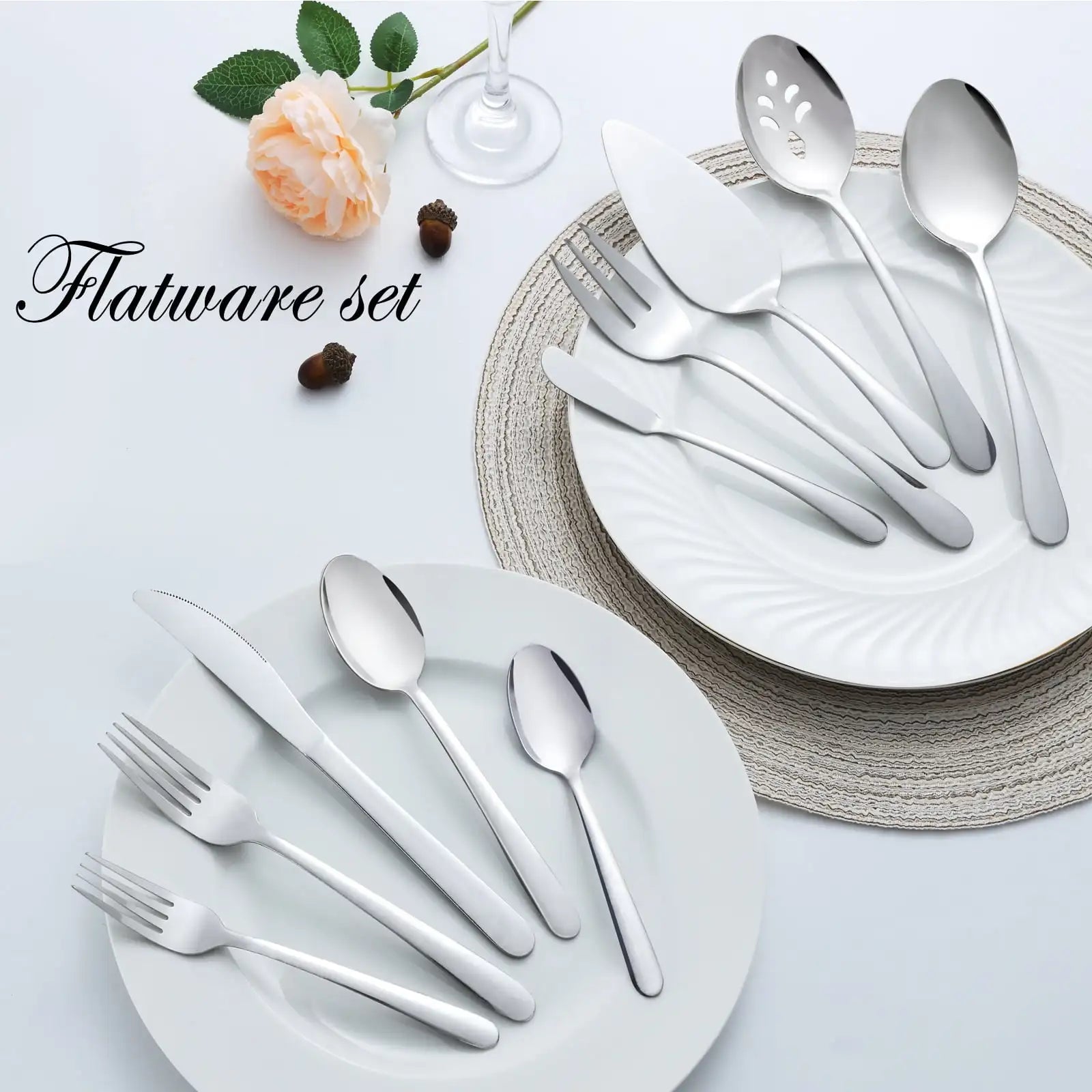 65 Pcs Silverware Set with Serving Set for 12, Stainless Steel Flatware Cutlery Set Contains 5 Pcs Serving Set, for Home