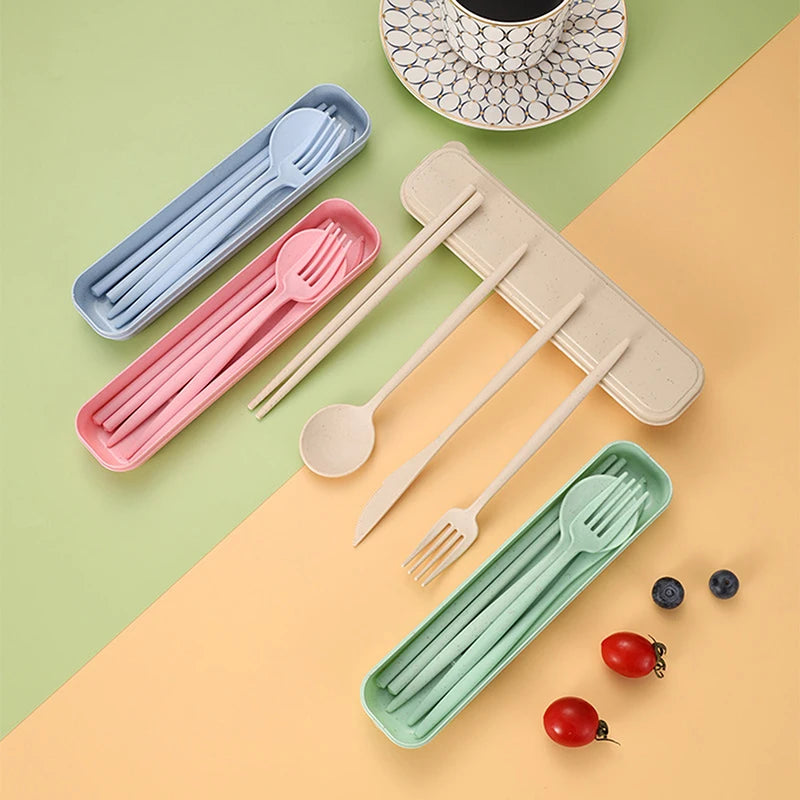 4Pcs Travel Cutlery Sets Portable Tableware Set With Box Chopsticks Fork Spoon Knife Wheat Straw Dinnerware Picnic Cutlery