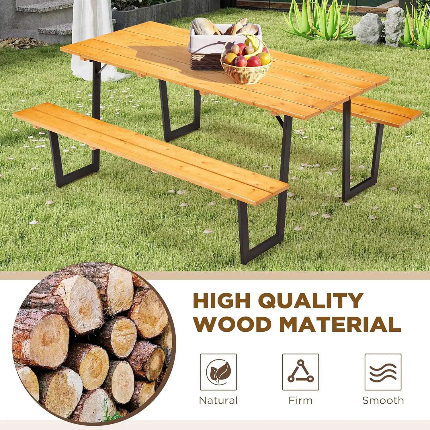 70" Wood Picnic Table for Outdoor, Rectangle Patio Dining Table and Bench Set, Heavy-Duty Picnic Beer Table Bench Set