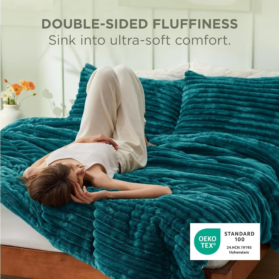 King Size Fluffy Comforter Set - Super Soft Teal Faux Fur Bedding Warm Plush Fleece Winter 3-Piece Set with Shaggy Fuzzy All Se
