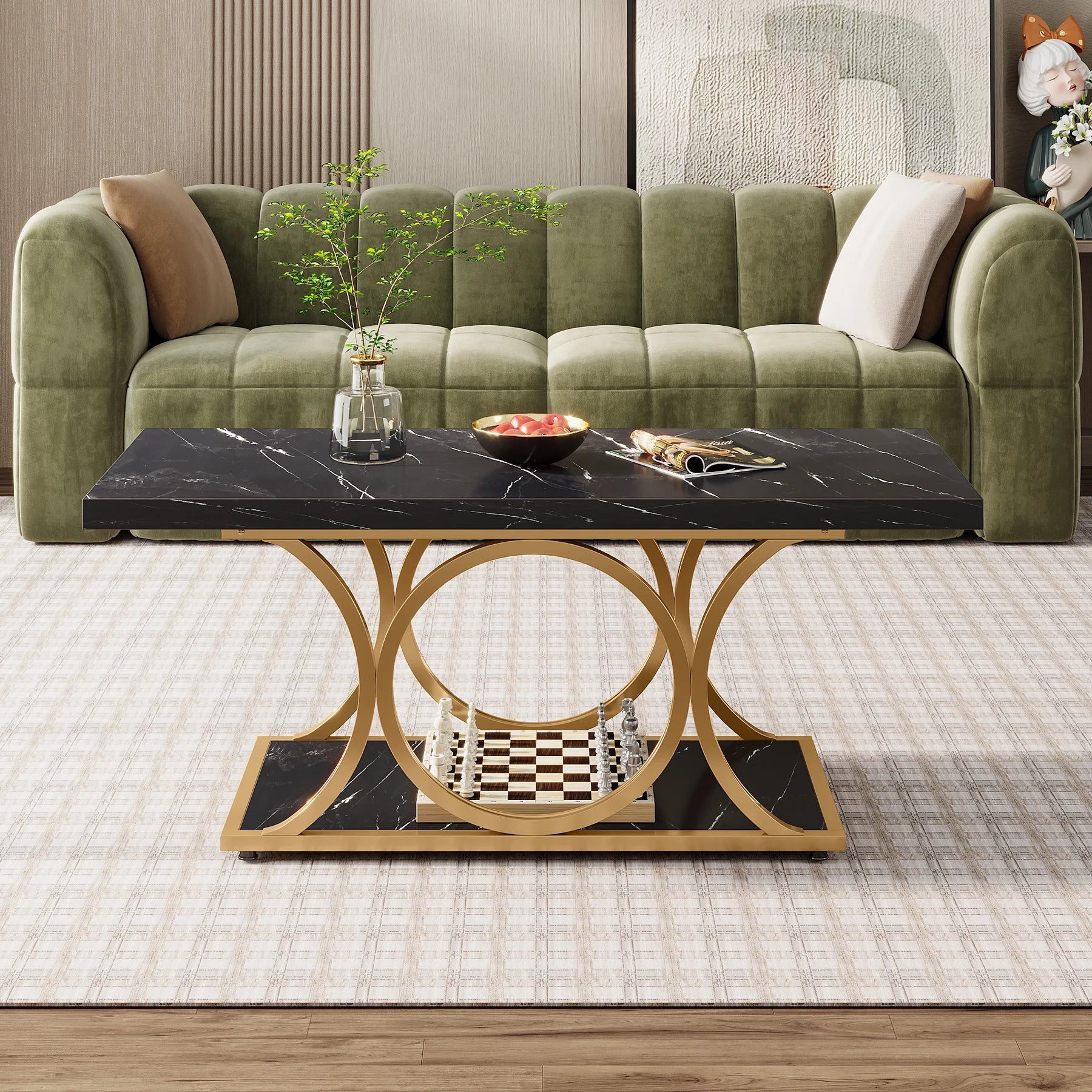 Rectangular Modern Coffee Table – 47.24” 2-Tier Faux Marble & Wood Center Table