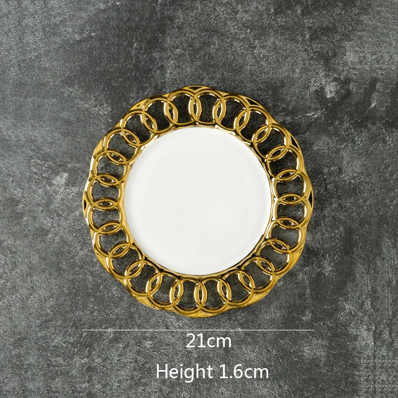 Gold-Plated Hollow-Out Ceramic Serving Plate – Decorative Steak, Dessert & Salad Plate
