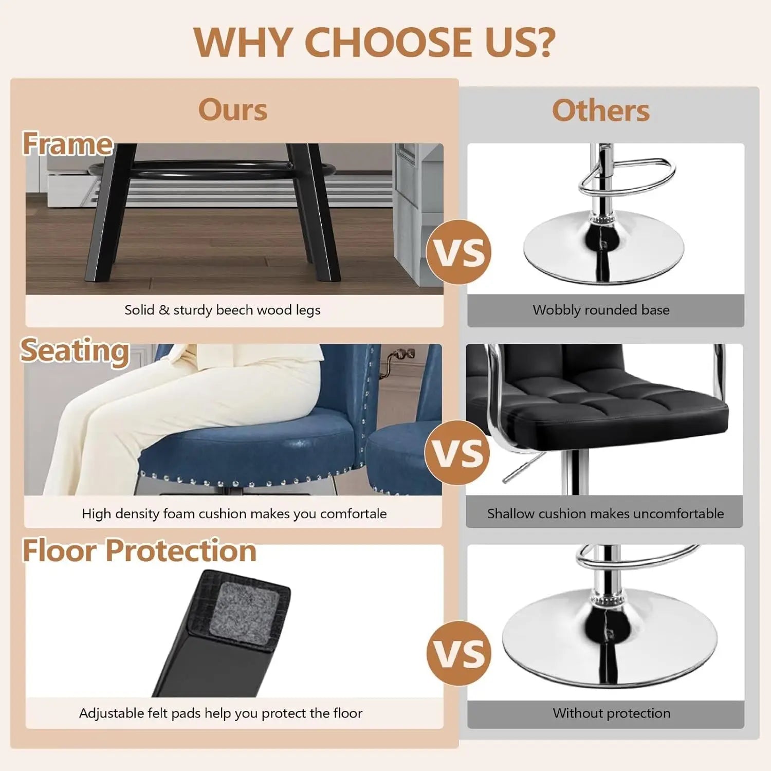 Swivel Counter-Height Bar Stools – PU Leather High Back with Footrest (Navy Blue)