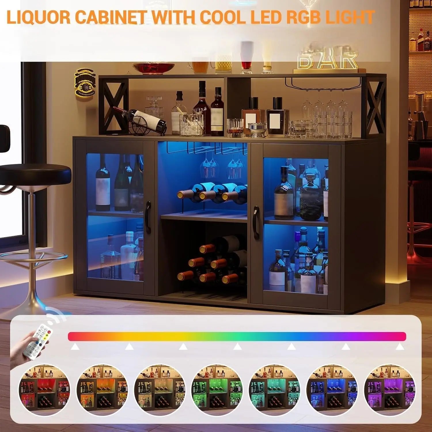 Wine Bar Cabinet with LED Light – Tempered Glass Doors & Power Outlet