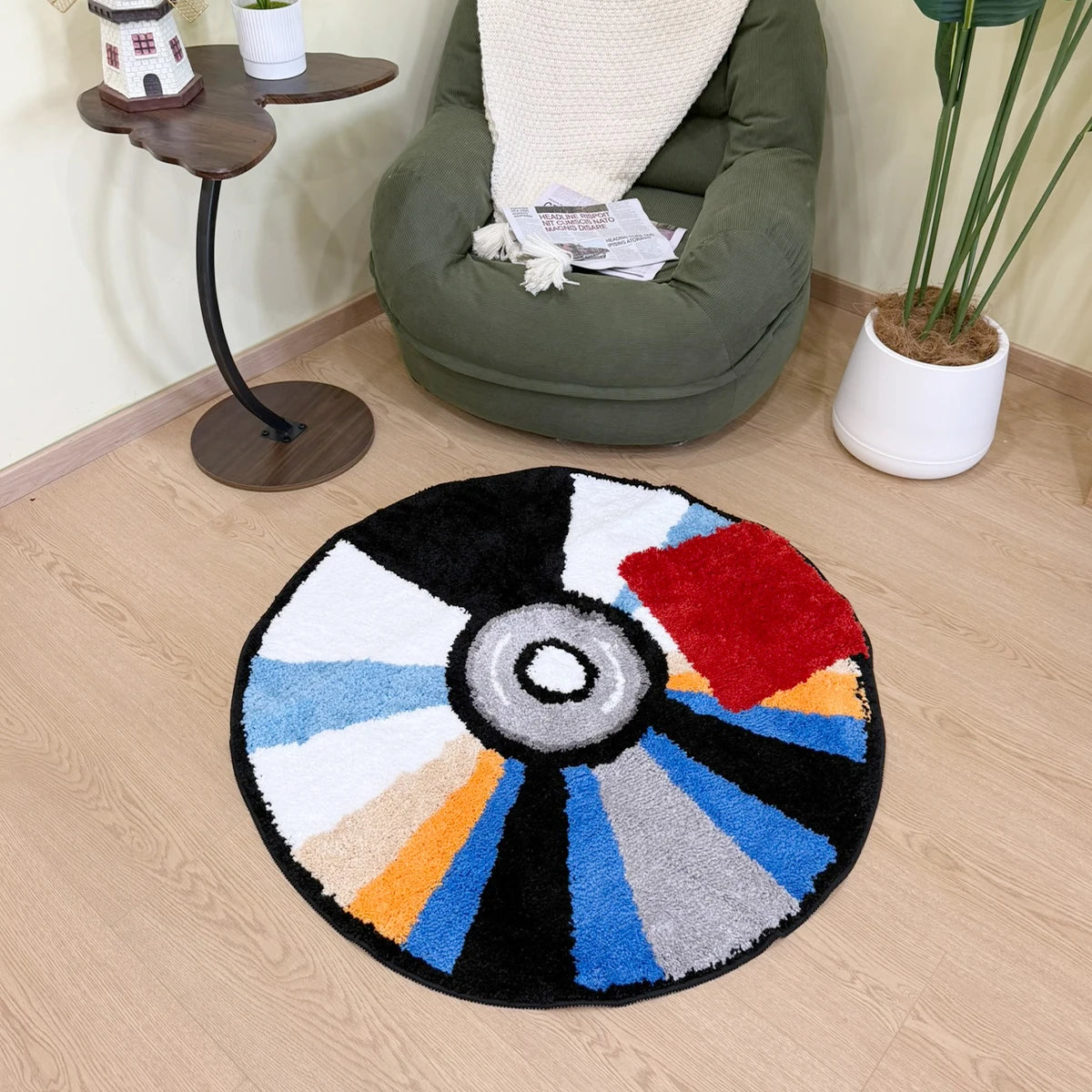Round CD Shaped Tufted Flocking Rug, 3D Soft Pile Non-Slip Carpet, Modern Home Decor for Living Room Bedroom