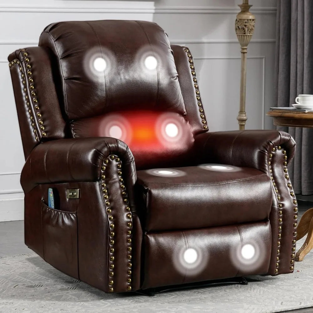 Classic Power Recliner Chair with Massage and Heat, Breathable Faux Leather Electric Recliner with USB Port, Overstuffed Reclini
