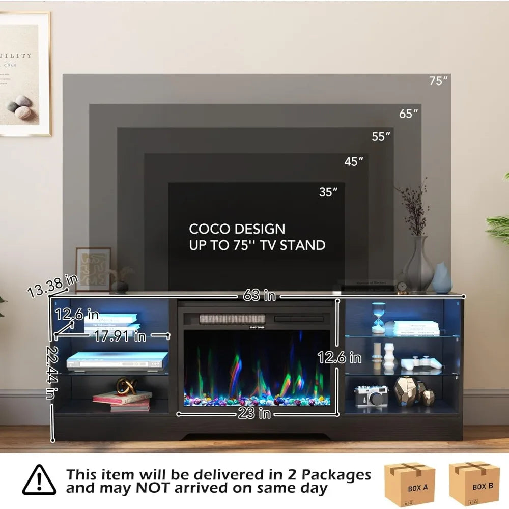 Electric Fireplace TV Stand with 23 Inch Fireplace Wood And Glass Entertainment Console for TVs up to 75 Inch with LED Lights