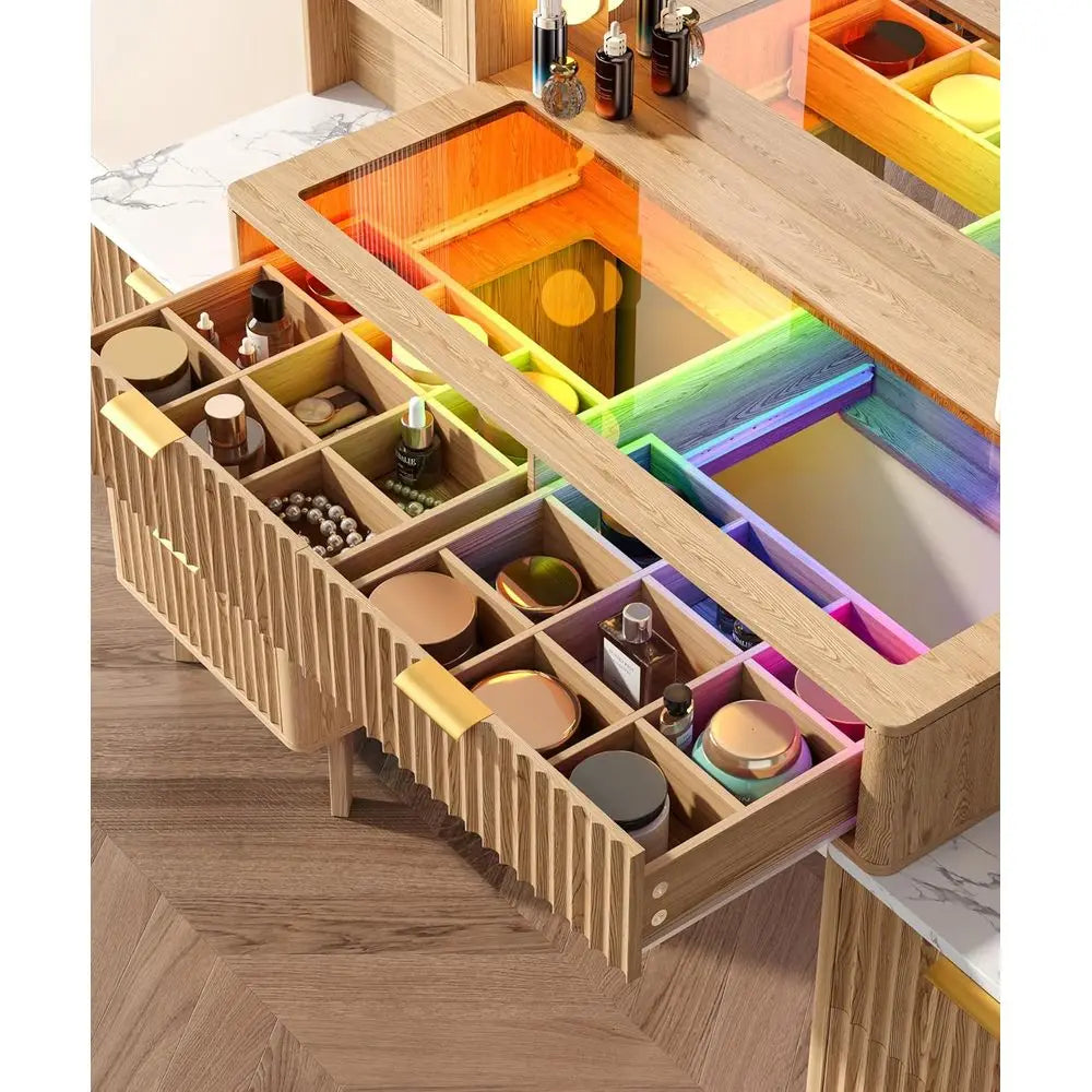 LED-lit 30.1 Mirror Vanity Desk with 8 Drawers, Glass Top, Power Outlet, Natural Oak Makeup Table for Bedroom