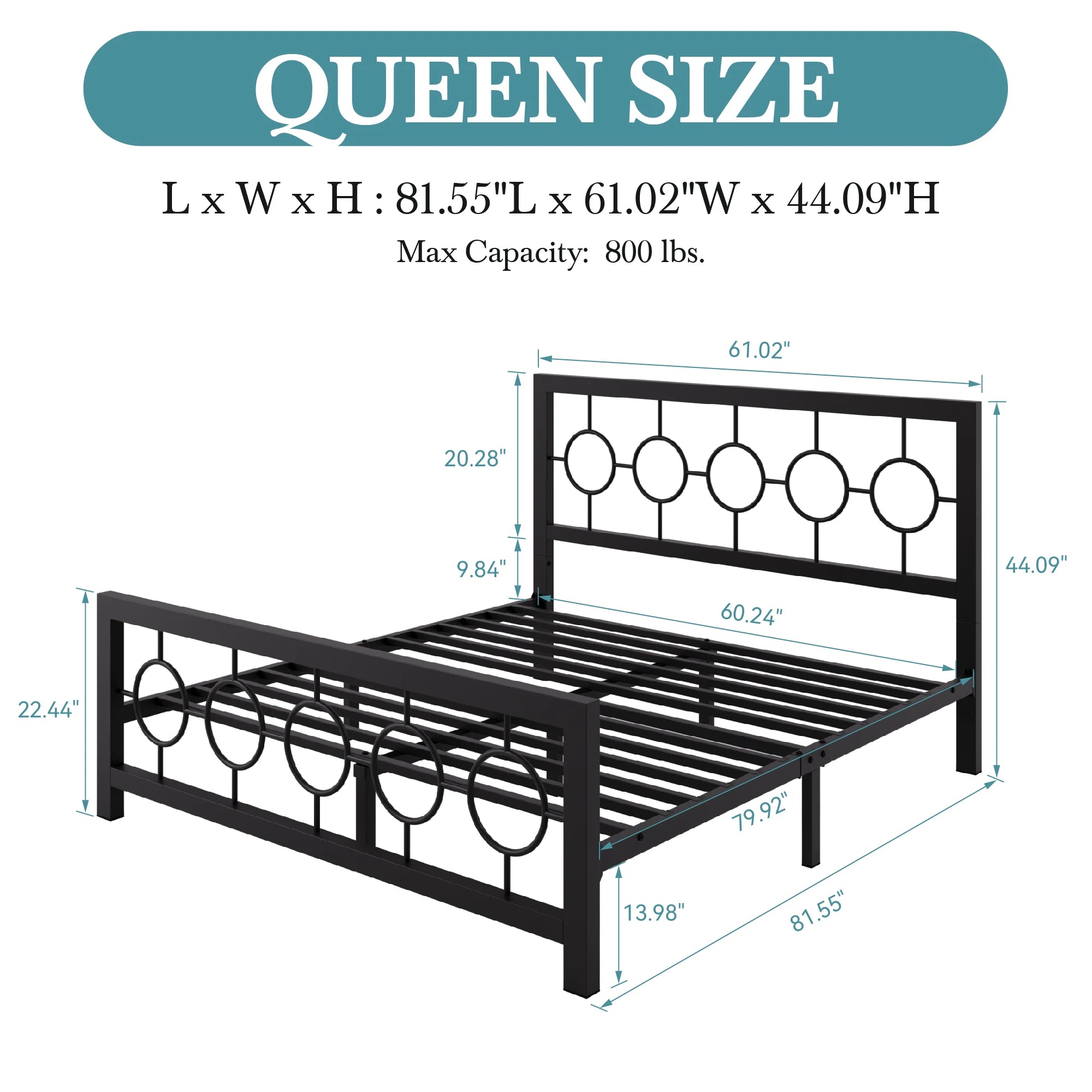 Metal Platform Bed Frame with Vintage Circular Headboard & Footboard, Extra Under-Bed Storage, No Box Spring Needed