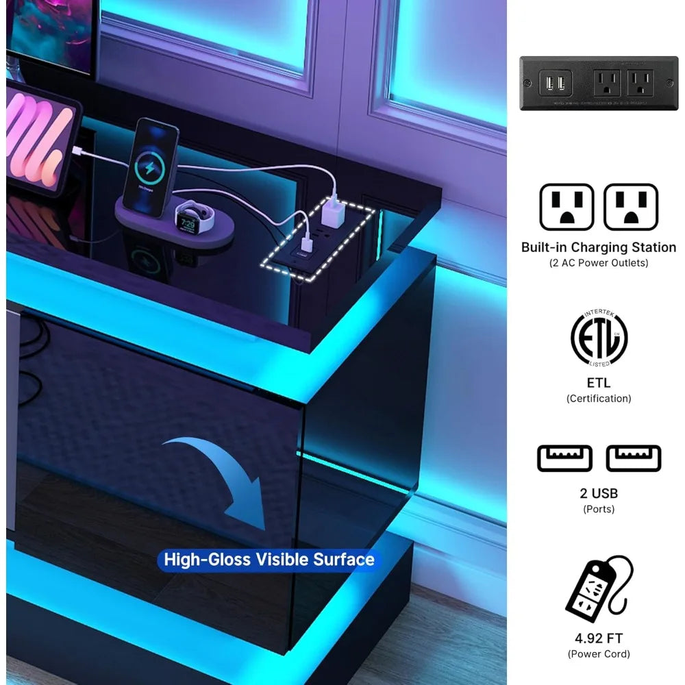 71IN LED TV Stands w/Power Outlet for 85/80/75 Inch TV,High Glossy Modern TV Console Gaming Entertainment Center with 2 Storage