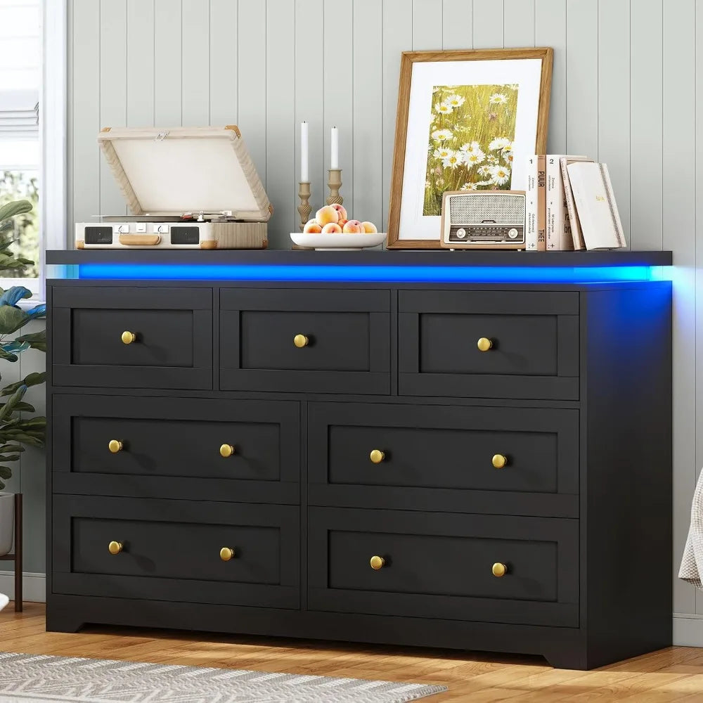 Modern LED-Illuminated 7-Drawer Black Bedroom Dresser with Wide and Long Design