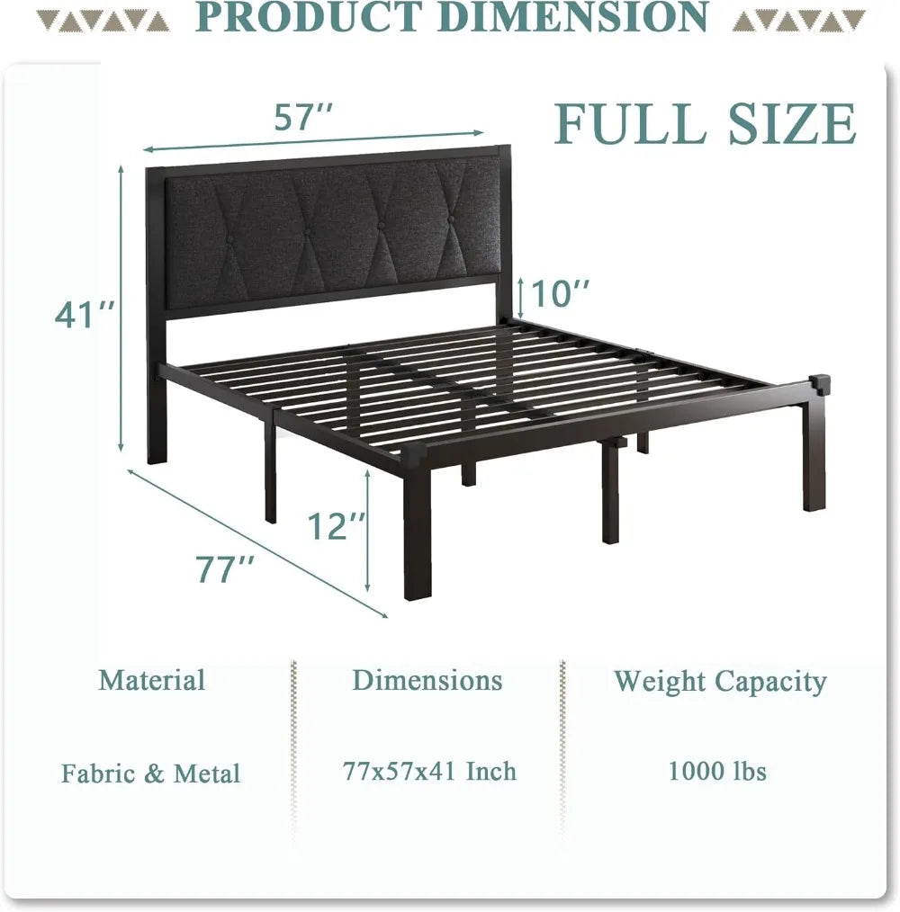 Queen Metal Bed Frame with Fabric Button-Tufted Headboard – 12″ Underbed Storage